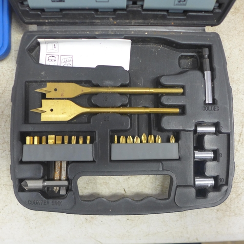 5035 - A box of assorted hand and power tools including a Bosch PSR1440 cordless drill and Bosch bit set, r... 