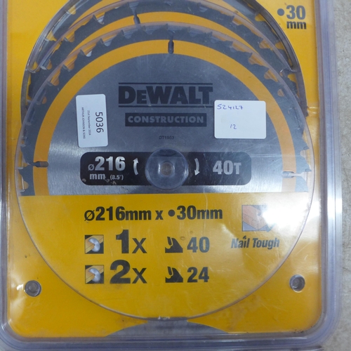 5036 - A set of 3 DeWalt 216mm x 30mm saw blades, sealed