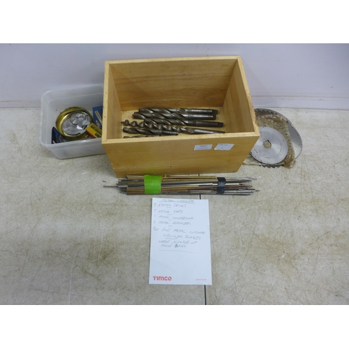 5037 - A box of metal working tools including drill bits, taps, countersinks, cutting discs, etc.