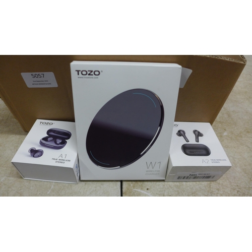 5057 - A box of 12 Tozo A1 earbuds, 6 Tozo A2 earbuds and 6 Tozo W1 wireless chargers