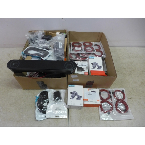 5060 - 2 boxes of assorted USB cables, car phone holders, chargers etc.