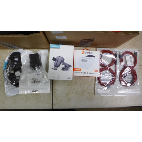 5060 - 2 boxes of assorted USB cables, car phone holders, chargers etc.