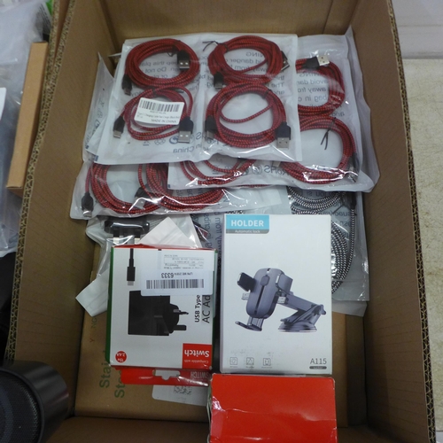 5060 - 2 boxes of assorted USB cables, car phone holders, chargers etc.