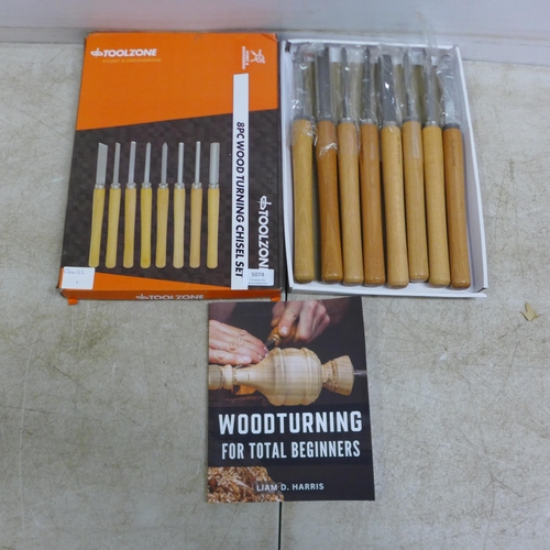 5074 - A Toolzone 8 piece wood turning chisel set with wood turning book