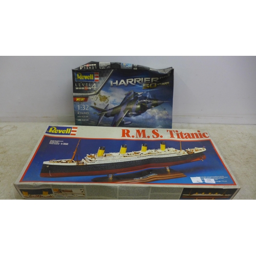 5089 - A Revell 1/350 model RMS Titanic (part-built) with a Revell 1:22 model Harrier GRI in box