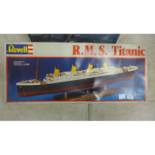 5089 - A Revell 1/350 model RMS Titanic (part-built) with a Revell 1:22 model Harrier GRI in box