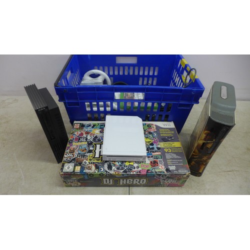 5064 - A quantity of gaming equipment including an XBox 360 with HDD, a Playstation 2, a Nintendo Wii, asso... 