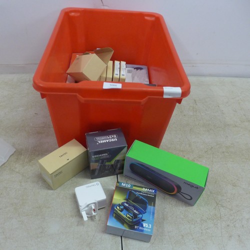 5066 - 2 boxes of assorted items including Bluetooth speaker, USB plugs, audio adaptor, ear buds, JML flawl... 