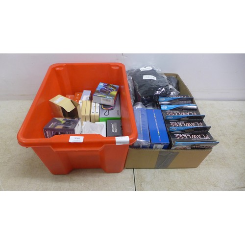 5066 - 2 boxes of assorted items including Bluetooth speaker, USB plugs, audio adaptor, ear buds, JML flawl... 