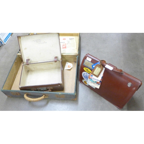 1006 - A large suitcase, a smaller case, with keys and a document case with airline labels from the 1960s a... 