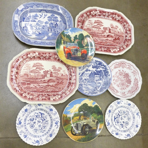 1016 - A pair of Spode Pink Tower serving plates, a Willow pattern serving plate, six others including J&A ... 