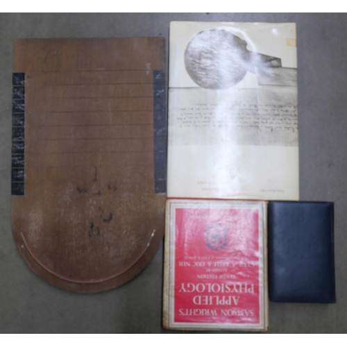 1029 - A shove half-penny board, two spelter figures, a/f, and three books including British Flowering Plan... 