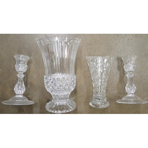 1031 - Two boxes of mixed crystal, a decanter and six wine glasses, large heavy crystal basket, etc. **PLEA... 