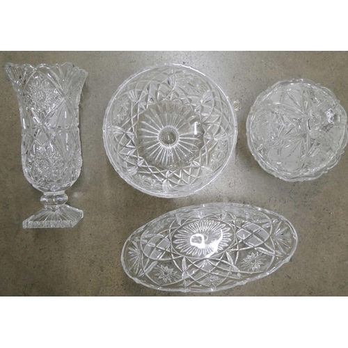 1034 - Two crystal fruit sets, one with pedestal bowl, a matching vase and bowl and a lidded bowl **PLEASE ... 