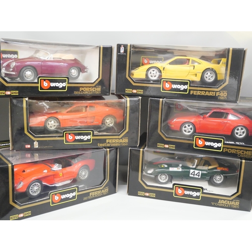 601 - Six Bburago 1/18 scale model sports cars, Porsche, Ferrari and Jaguar