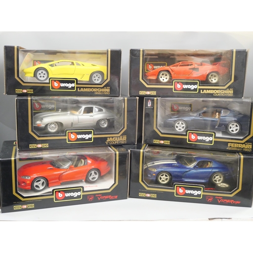 602 - Six Bburago 1/18 scale model sports cars, Dodge Viper, Lamborghini, Ferrari and Jaguar