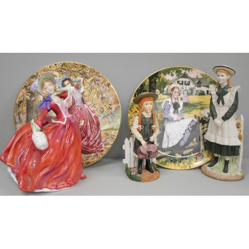 604 - A Royal Doulton figure and collectors plate, Autumn Breezes and a Coalport Anne of Green Gables figu... 