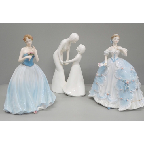 606 - A Royal Worcester figure, The First Quadrille, a Coalport Dearest Rose by J. Bromley and a Coalport ... 