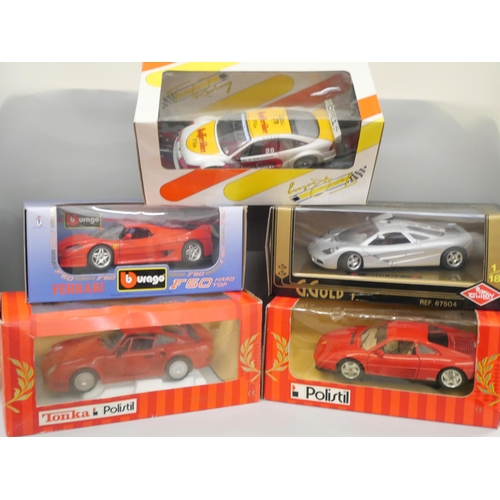 612 - Five 1 1/18 scale model sports cars, Bburago, Guitoy, Polistil and Minichamps