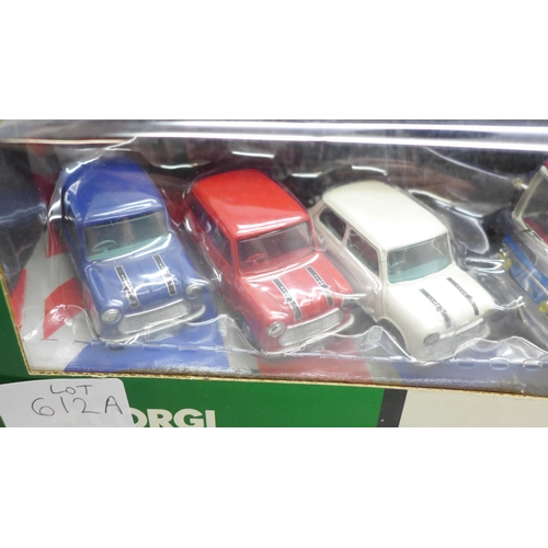 612A - A Corgi 36502 The Italian Job three piece Mini set & blue and white coach, boxed