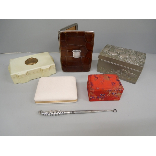 634 - A silver plated oriental box, boxed Calibri lighter, perfume bottle and crocodile skin case with sil... 