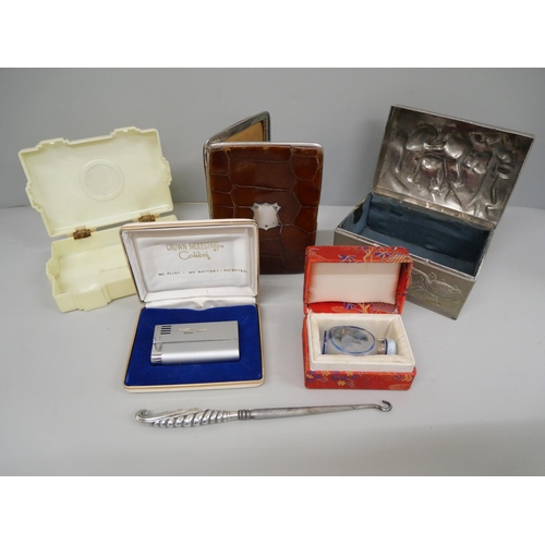 634 - A silver plated oriental box, boxed Calibri lighter, perfume bottle and crocodile skin case with sil... 