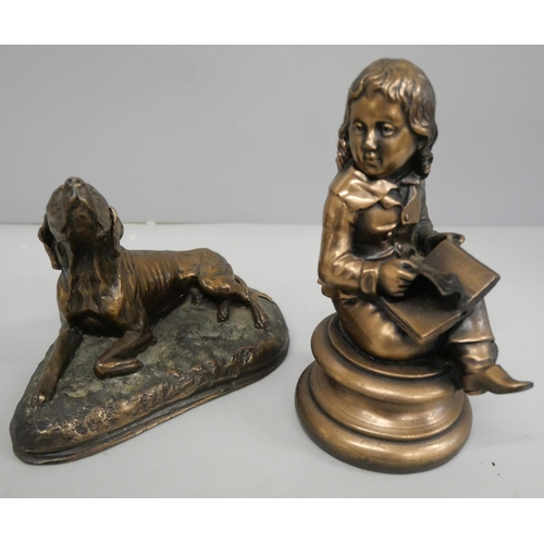 638 - Bronze cast figures; a Victorian child reading a book inscribed Elton 1979 with W A foundry mark for... 