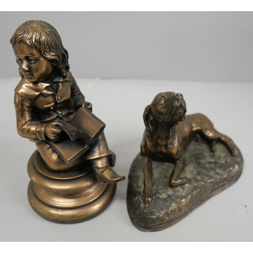 638 - Bronze cast figures; a Victorian child reading a book inscribed Elton 1979 with W A foundry mark for... 