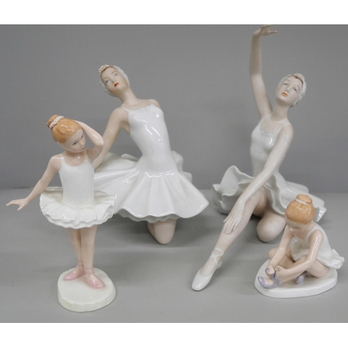 642 - Four ballerina figures, two Royal Dux, fingers a/f and two smaller Royal Doulton, Ballet Shoes and L... 