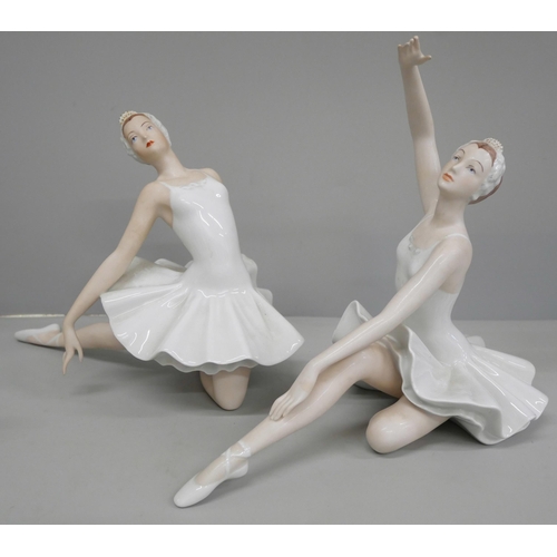 642 - Four ballerina figures, two Royal Dux, fingers a/f and two smaller Royal Doulton, Ballet Shoes and L... 