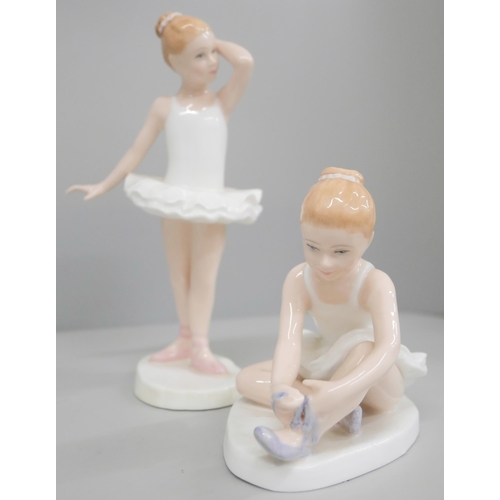 642 - Four ballerina figures, two Royal Dux, fingers a/f and two smaller Royal Doulton, Ballet Shoes and L... 