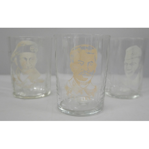 644 - Three WWII shot glasses, Stalin, Montgomery and Eisenhower plus a German Third Reich tea cup, Staats... 