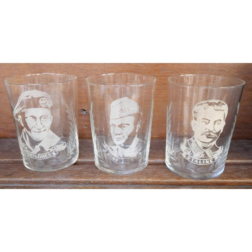 644 - Three WWII shot glasses, Stalin, Montgomery and Eisenhower plus a German Third Reich tea cup, Staats... 