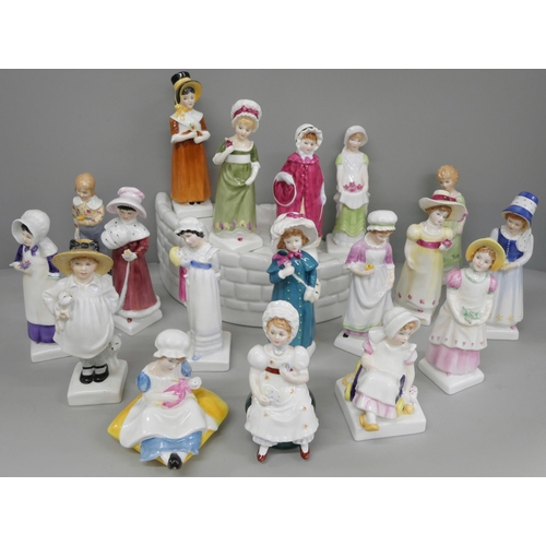 656 - A set of Royal Doulton Kate Greenaway figures, eighteen in total and a semi-circular ceramic stand