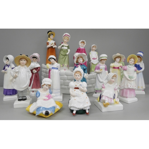 656 - A set of Royal Doulton Kate Greenaway figures, eighteen in total and a semi-circular ceramic stand