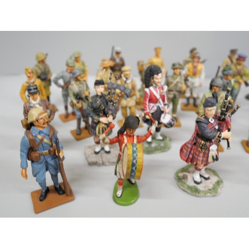 660 - A collection of Sculptures UK resin figures of pipers and a collection of del Prado metal models of ... 