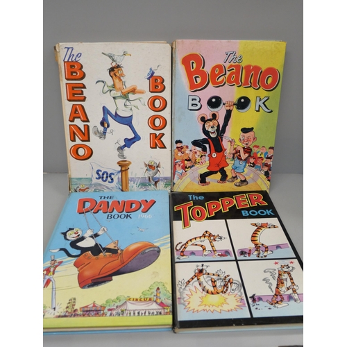 663 - Four childrens annuals; 1962 and 1964 Beano, 1966 Dandy, Topper 1966