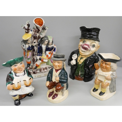 668 - A Staffordshire Toby jug, I am on the Blacklist, a/f, a Staffordshire spill vase and three Toby jugs