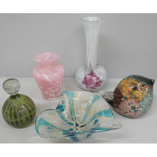 675 - Mdina glass; a bowl with cased blue and brown marbling, 12cm diameter, a small vase, pink with white... 