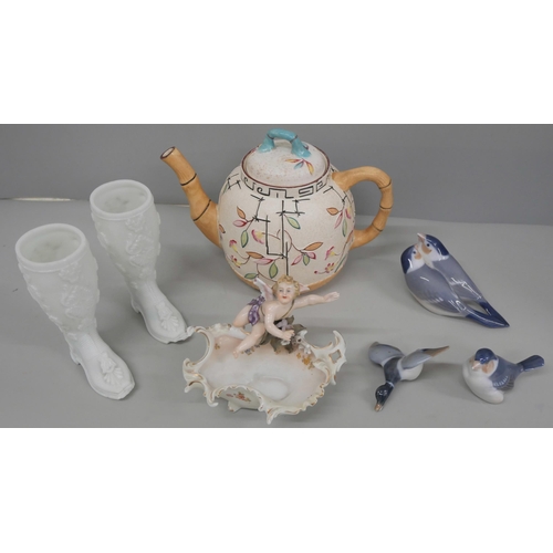 679 - A collection of ornaments including milk glass boots, a/f, Fenton glass, three Copenhagen bird figur... 