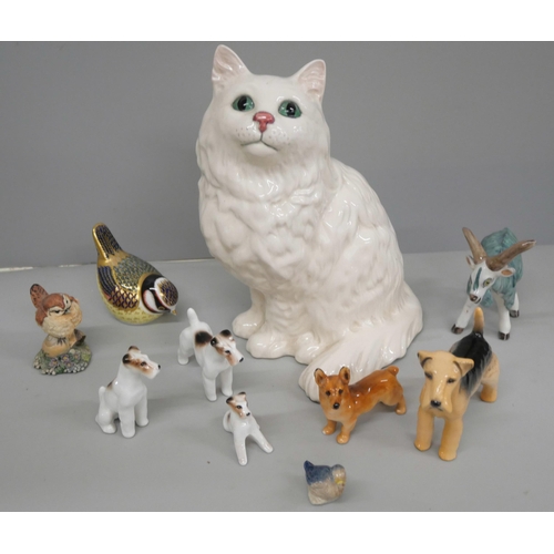 686 - A Royal Doulton model cat, a Beswick dog, a Royal Crown Derby paperweight with gold stopper and othe... 