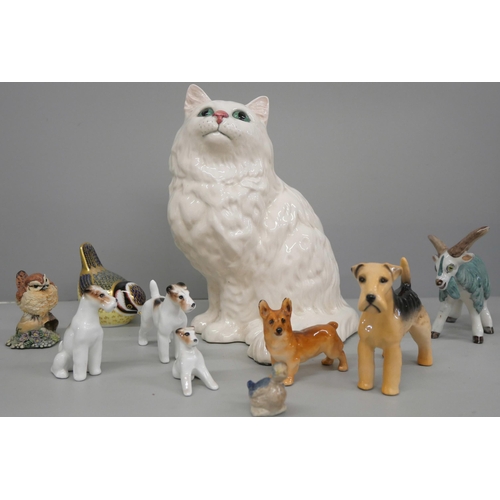 686 - A Royal Doulton model cat, a Beswick dog, a Royal Crown Derby paperweight with gold stopper and othe... 