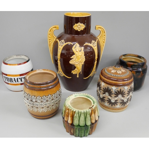 699 - A collection of Victorian tobacco jars including Doulton Lambeth, one with lid and a relief moulded ... 