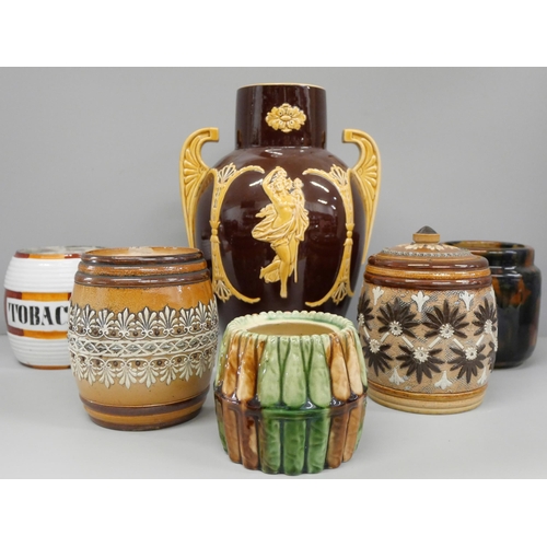 699 - A collection of Victorian tobacco jars including Doulton Lambeth, one with lid and a relief moulded ... 