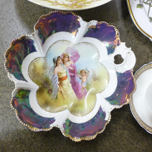 707 - An oriental figure, a pair of small Dresden figures, a Spode plate, a Coalport Ming Rose egg shaped ... 