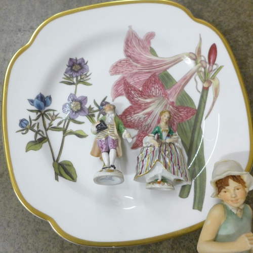 707 - An oriental figure, a pair of small Dresden figures, a Spode plate, a Coalport Ming Rose egg shaped ... 