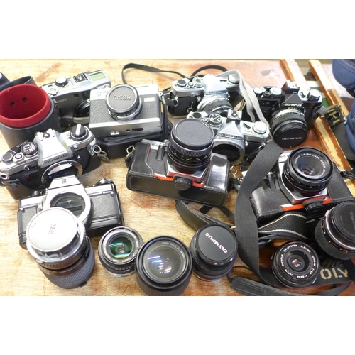 709 - Cameras and camera equipment, Olympus OM-1 x2, OM-2 body, OM 10 body, Ricoh 35 ZF, Praktica BC 1 bod... 