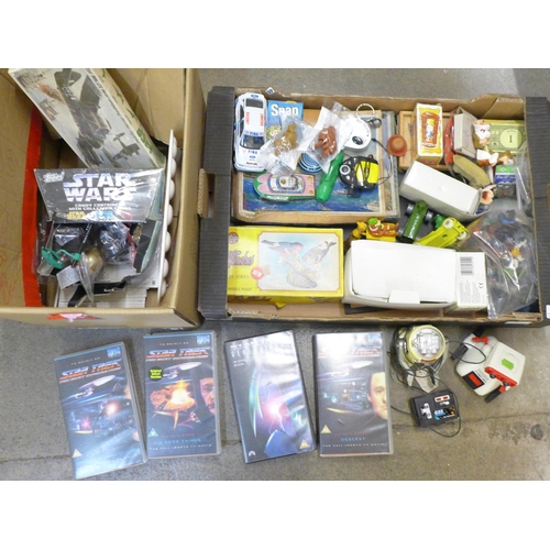 734 - Two boxes of assorted toys including Star Wars, jigsaws, Airfix kit, etc.