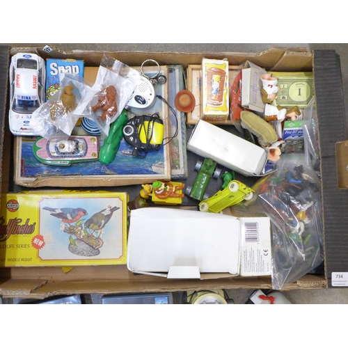 734 - Two boxes of assorted toys including Star Wars, jigsaws, Airfix kit, etc.