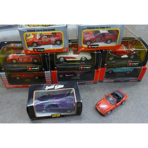 737 - Nine boxed Bburago, Maisto and Majorette 1/24 scale model sports cars and one loose